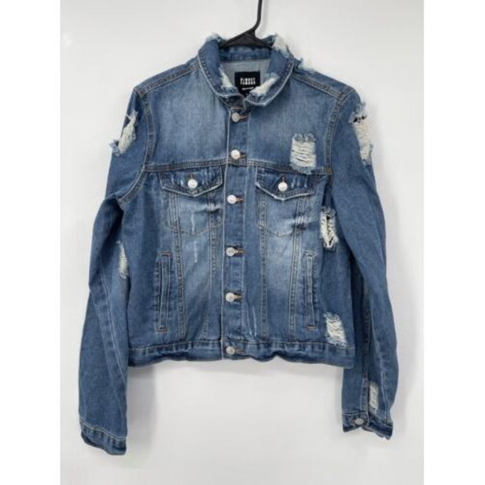 Almost Famous Large Denim Jacket Womens Blue Distressed Frayed Trucker Coat L